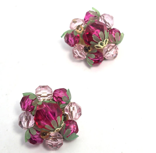 Strawberry pink and green plastic beaded gold toned vintage clip on earrings