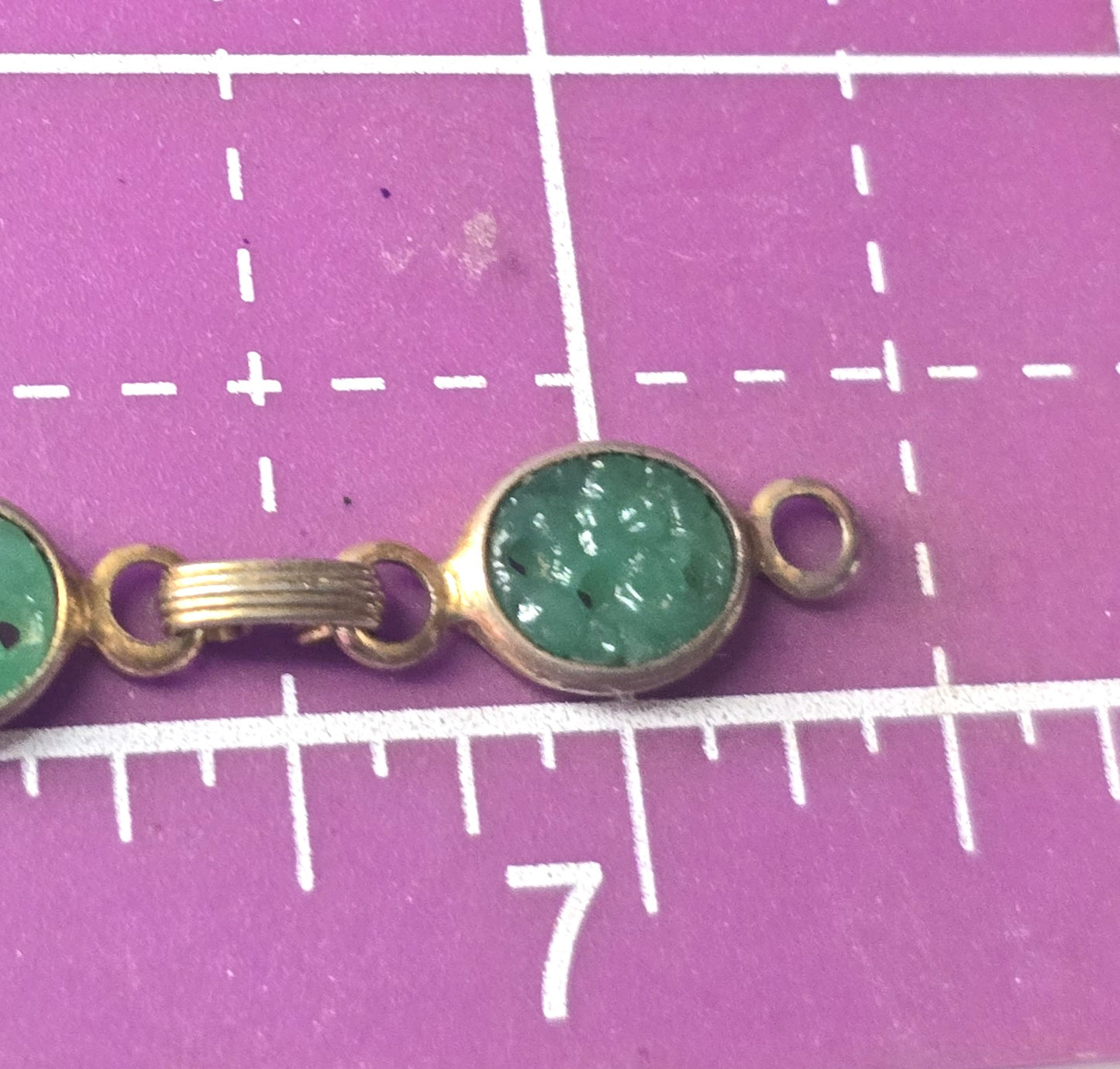 Pierced Jade glass lotus flower vintage retro gold toned tennis bracelet