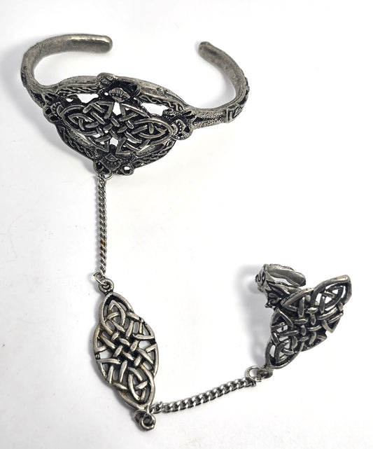 Celtic knot Druid vintage pewter slave bracelet adjustable ring set
