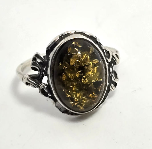 Green Amber gemstone sterling silver statement ring size 7 and 1/4