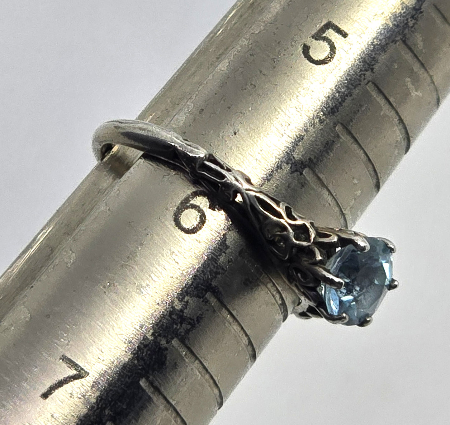 Blue Topaz round gemstone vintage filigree scroll sterling silver ring size 6