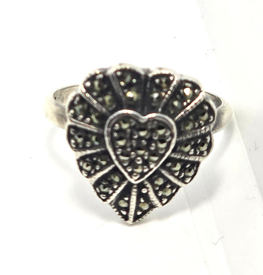 Judith Jack Marcasite Heart sterling silver signed retro vintage ring size 8.5