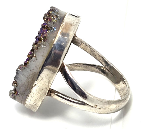 Purple Peacock Aura Titanium Druzy quartz gemstone sterling silver ring size 6