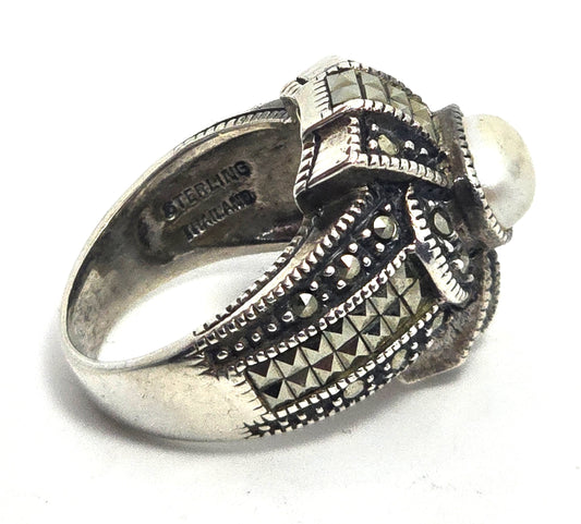 Judith Jack Marcasite pearl sterling silver signed Art Deco style vintage ring size 6