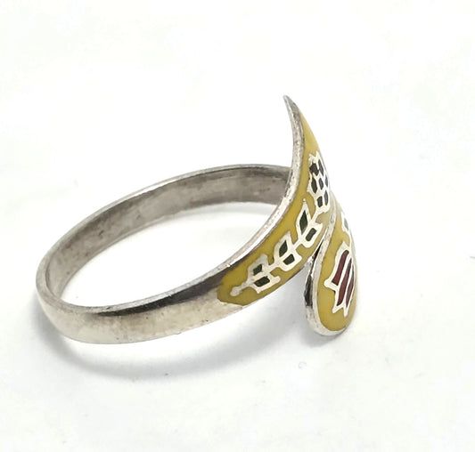 Siam yellow Neilloware enamel sterling silver torsade vintage wrap ring size 7.5