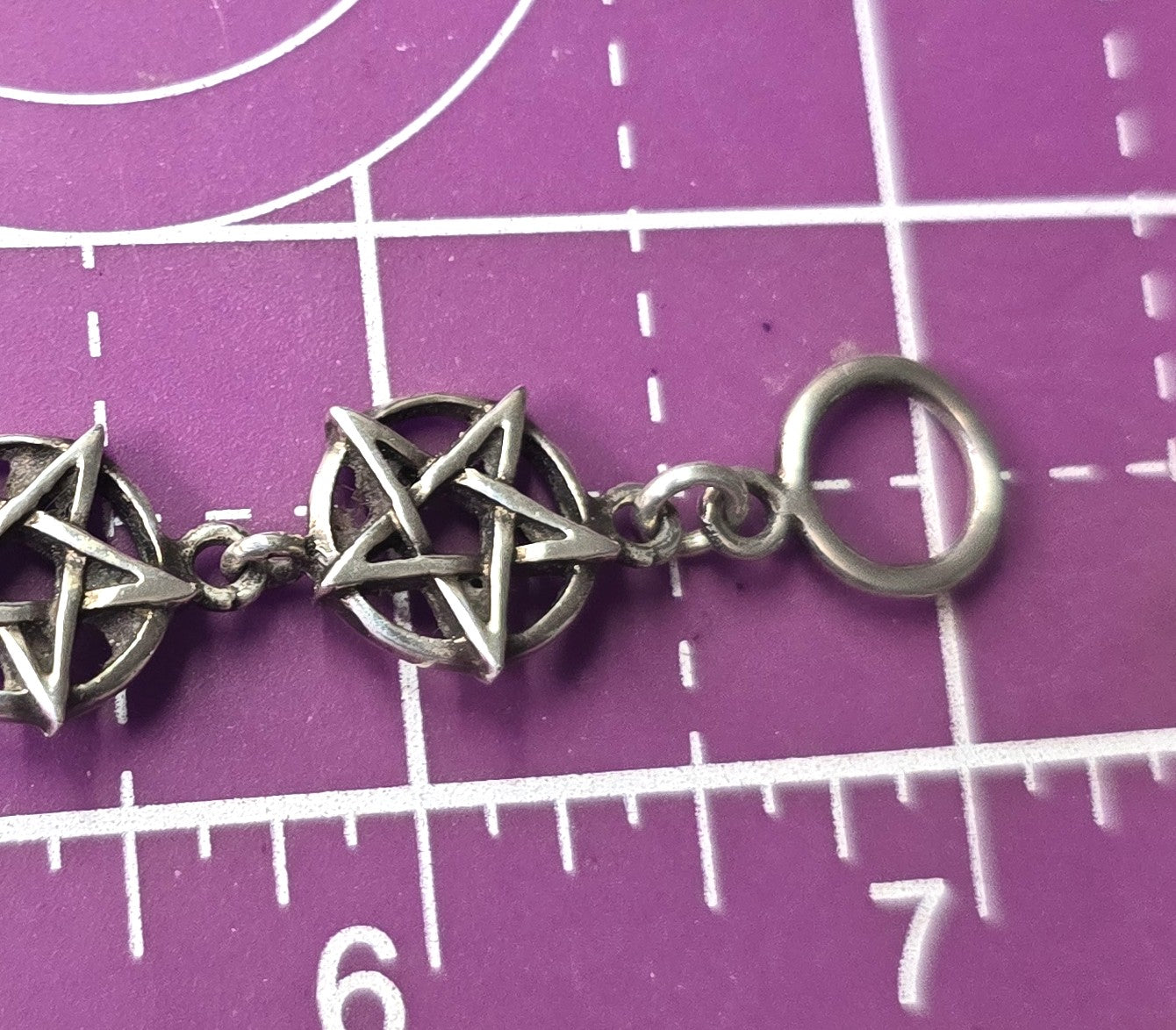 Pentacle star large circle sterling silver vintage retro linked bracelet 7" inches