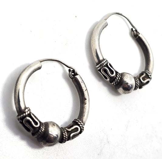 Tribal Balinese large thick sterling silver internal thread hollow vintage hoop earrings