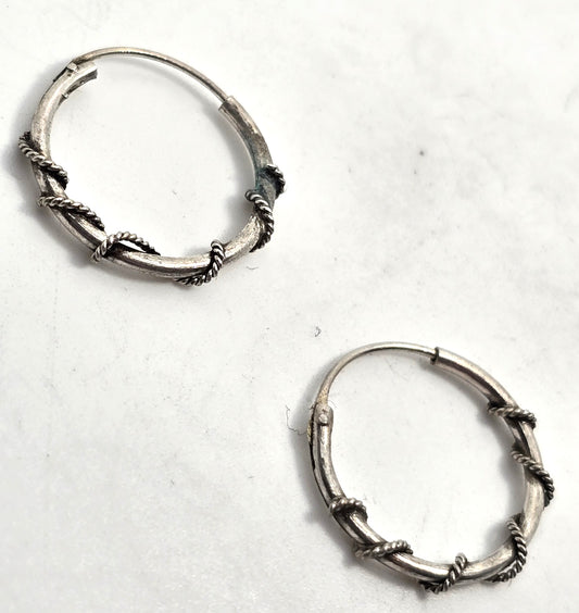 Tribal twisted silver plated small internal thread hollow vintage hoop earrings