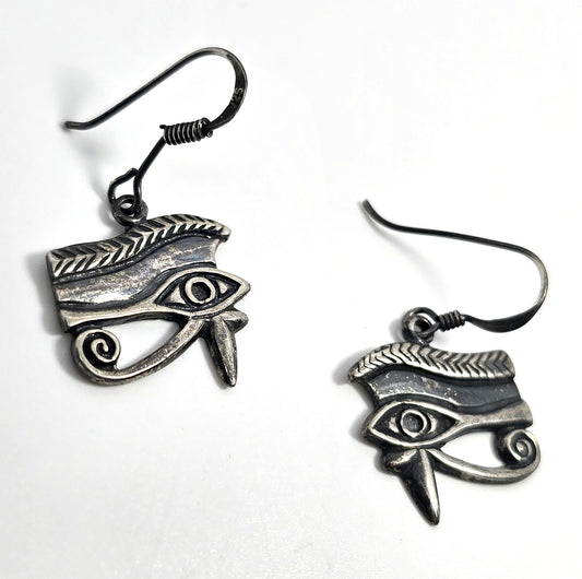 Egyptian Revival Eye of Horus vintage retro sterling silver drop earrings