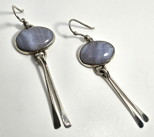 Blue Lace Agate blue gemstone sterling silver 2.5" long drop vintage earrings