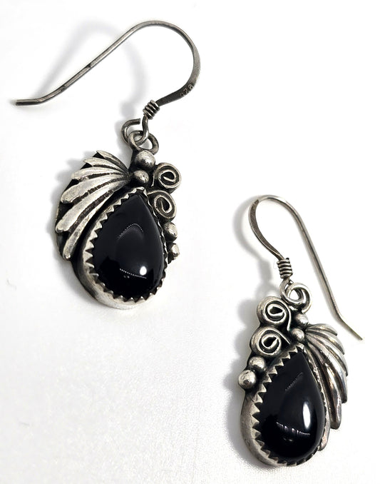 Navajo Black Onyx Feather sterling silver Native American vintage earrings
