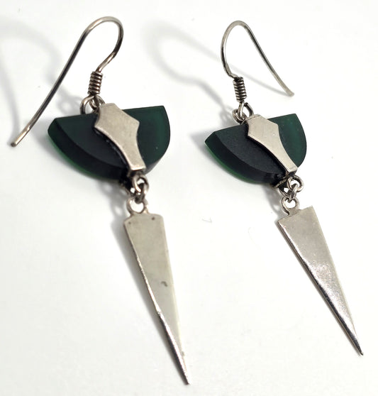 Art Deco Green Chalcedony long vintage sterling silver 2 and 3/8" drop earrings