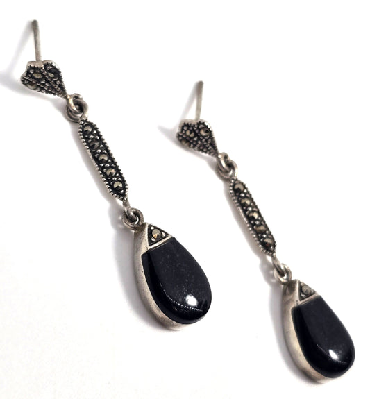 Black onyx marcasite sterling silver drop Marcella signed vintage retro earrings