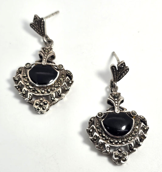 Art Deco style Black onyx marcasite sterling silver drop vintage earrings