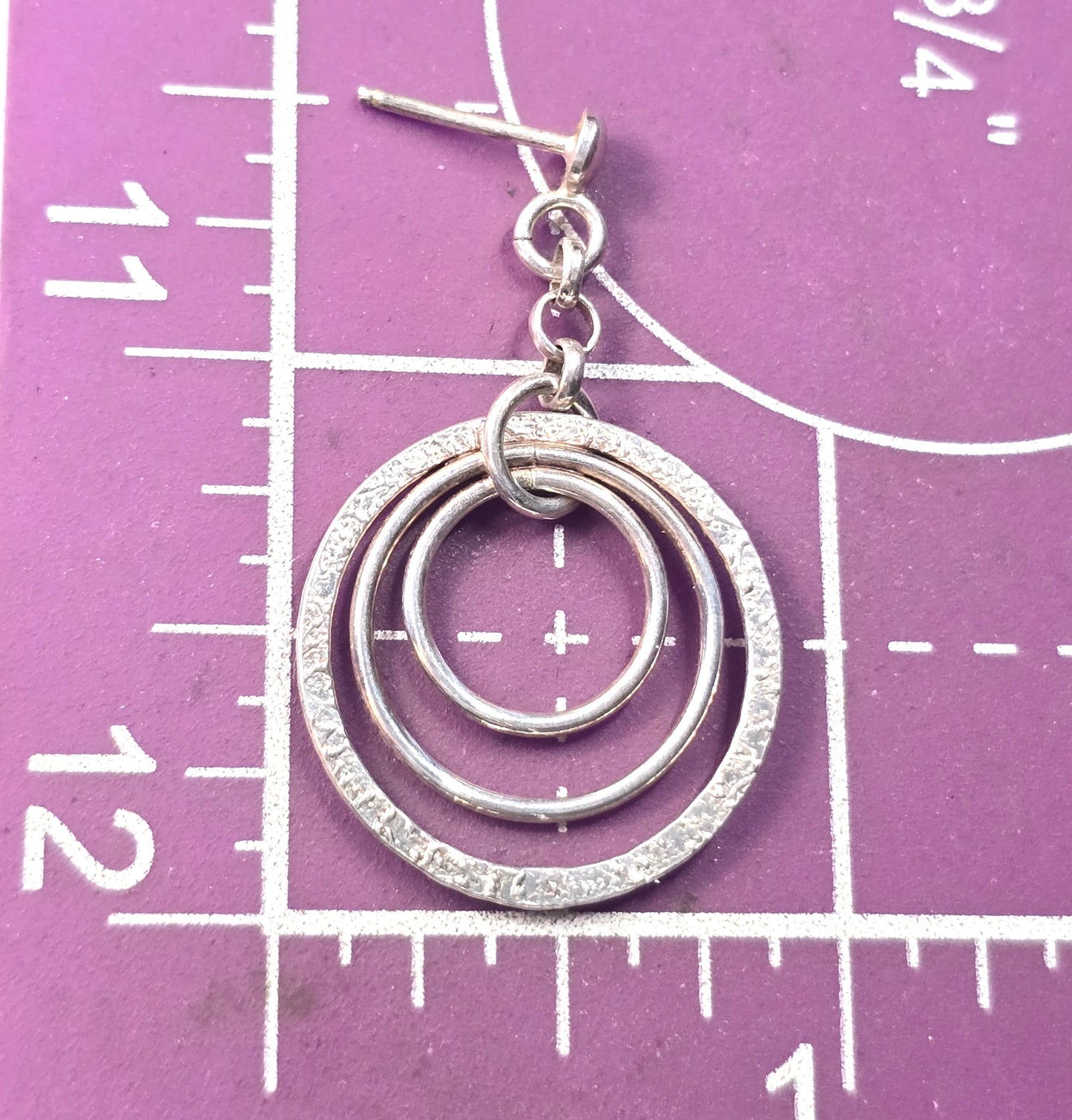 Triple hoop hammered sterling silver drop dangle post vintage earrings