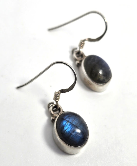 Labradorite gemstone drop flashy blue sterling silver vintage earrings