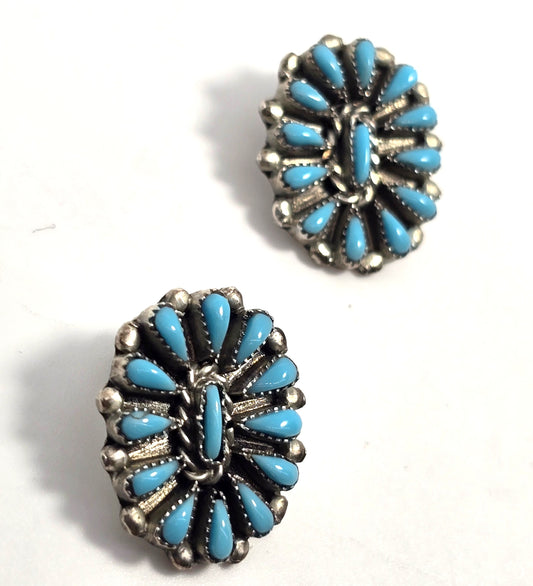 Zuni petite point turquoise Native American Sterling Silver vintage clip earrings