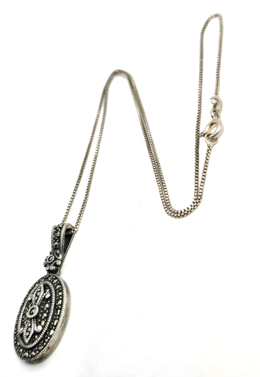 Judith Jack marcasite vintage sterling silver Fleur de lis pendant necklace