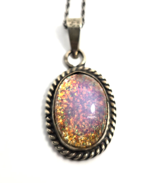 Taxco Mexico Dichroic glass Jelly Opal artisan Large solid sterling silver necklace