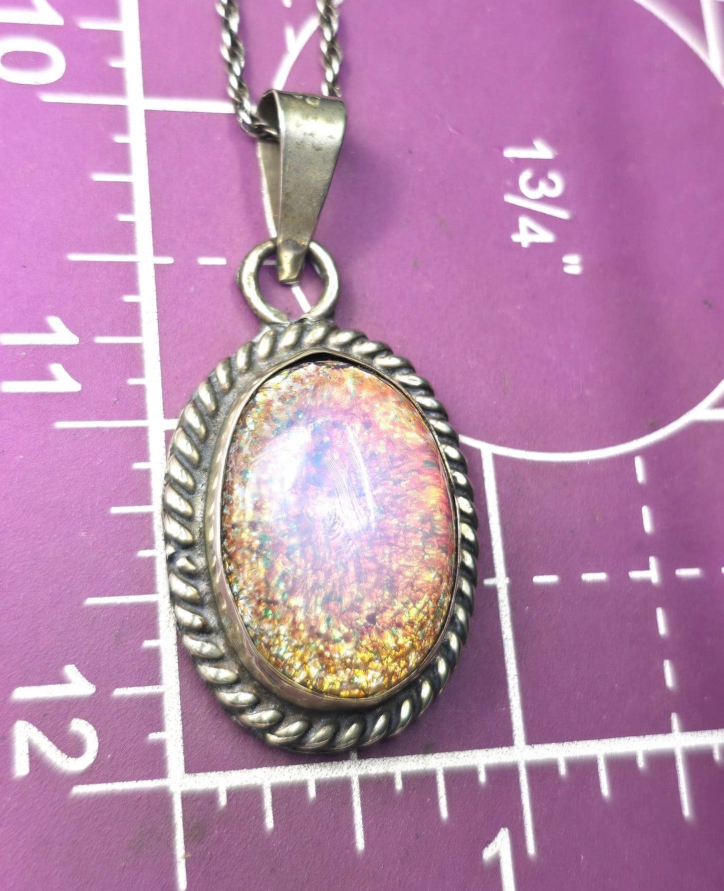 Taxco Mexico Dichroic glass Jelly Opal artisan Large solid sterling silver necklace