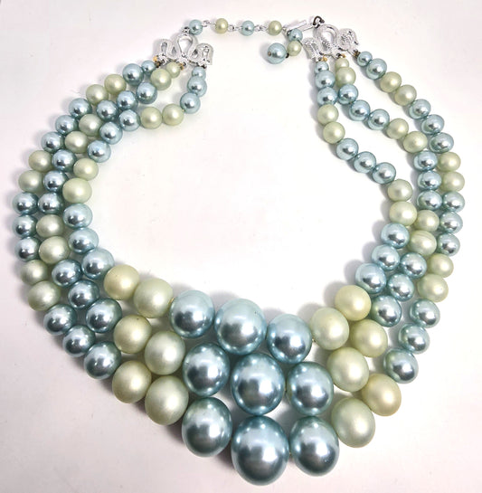 Baby blue pearlized and matte plastic beaded 3 stand vintage necklace