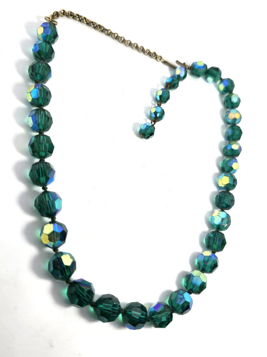 Green Austrian crystal Aurora Borealis AB beaded vintage mid century necklace