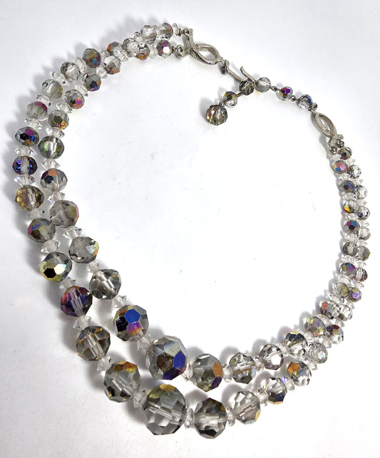 Austrian Crystal Silver Aurora Borealis graduated double strand vintage necklace