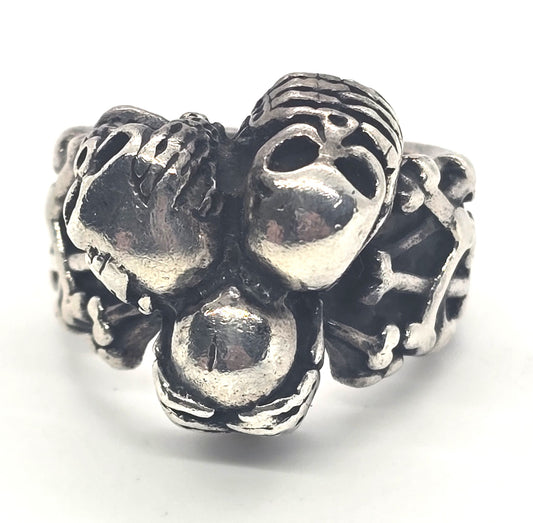 Skull Cross hear no see no speak no evil thick vintage sterling silver ring size 10