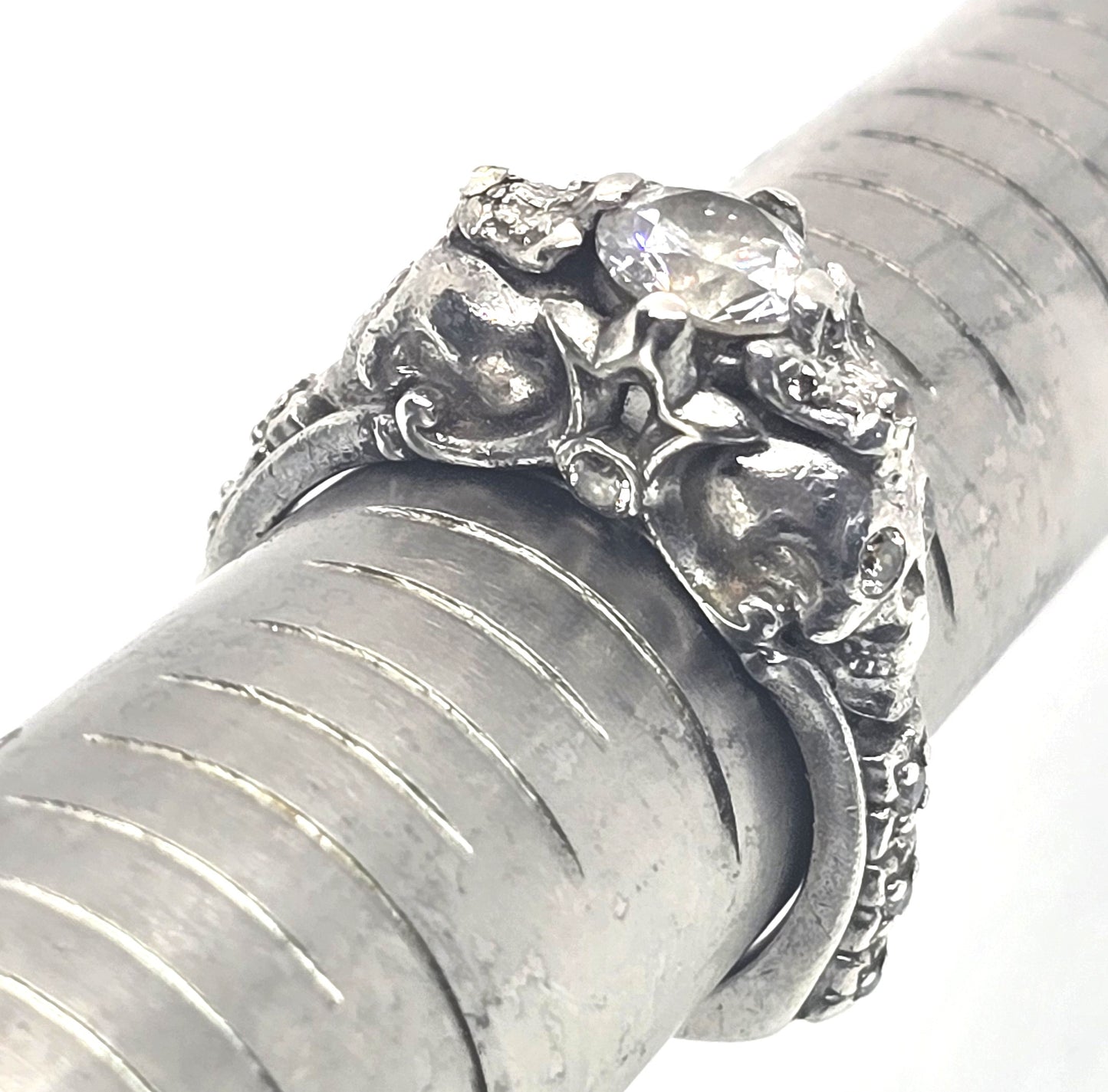 Double skull CZ Cubic Zirconia solid sterling silver gothic engagement ring size 7.5