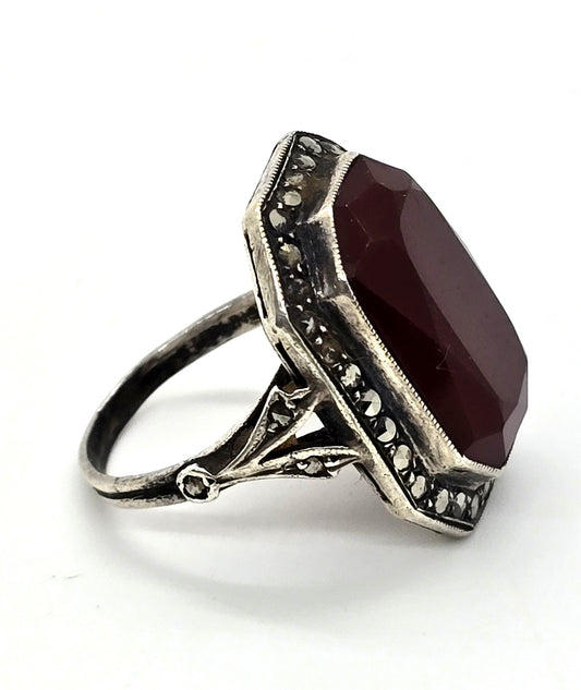 Art Deco Antique Carnelian marcasite sterling silver vintage ring size 4