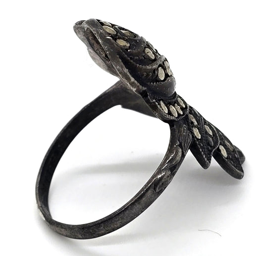 Uncas Art Deco marcasite rose flower vintage sterling silver ring size 7