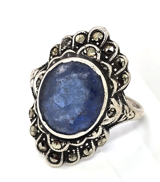 Art Deco Antique Blue Paste marcasite sterling silver vintage ring size 4.5