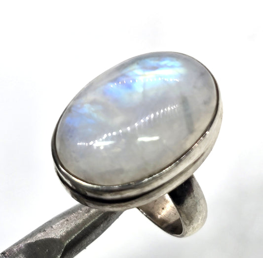 Blue Moonstone large open work solid sterling silver vintage ring size 9