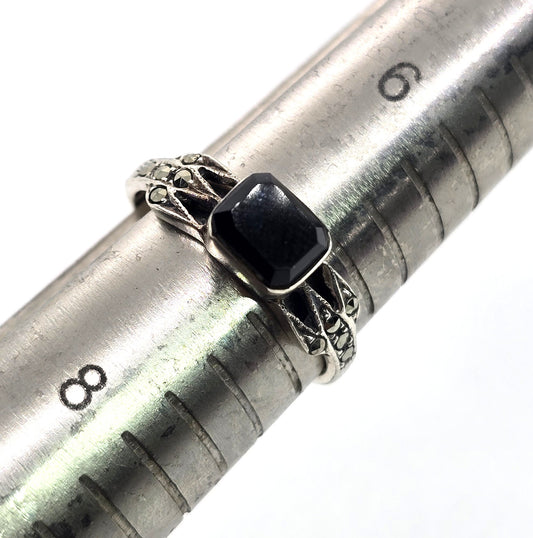 Black onyx marcasite retro vintage sterling silver ring size 7