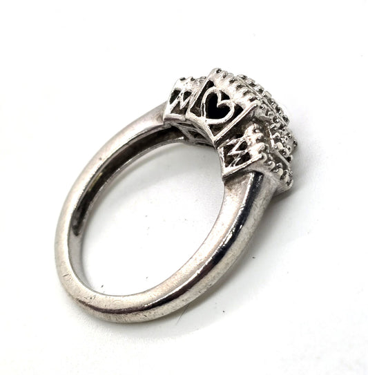 SUN diamond tiered box heart filigree ring vintage sterling silver size 6.5