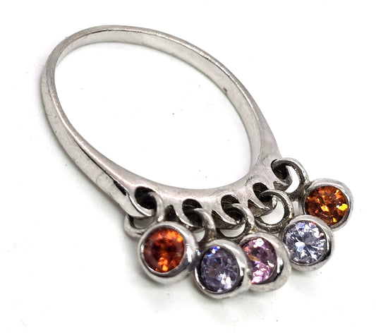 Multi gemstone Cubic zirconia dangle drop Sterling Silver ring size 9