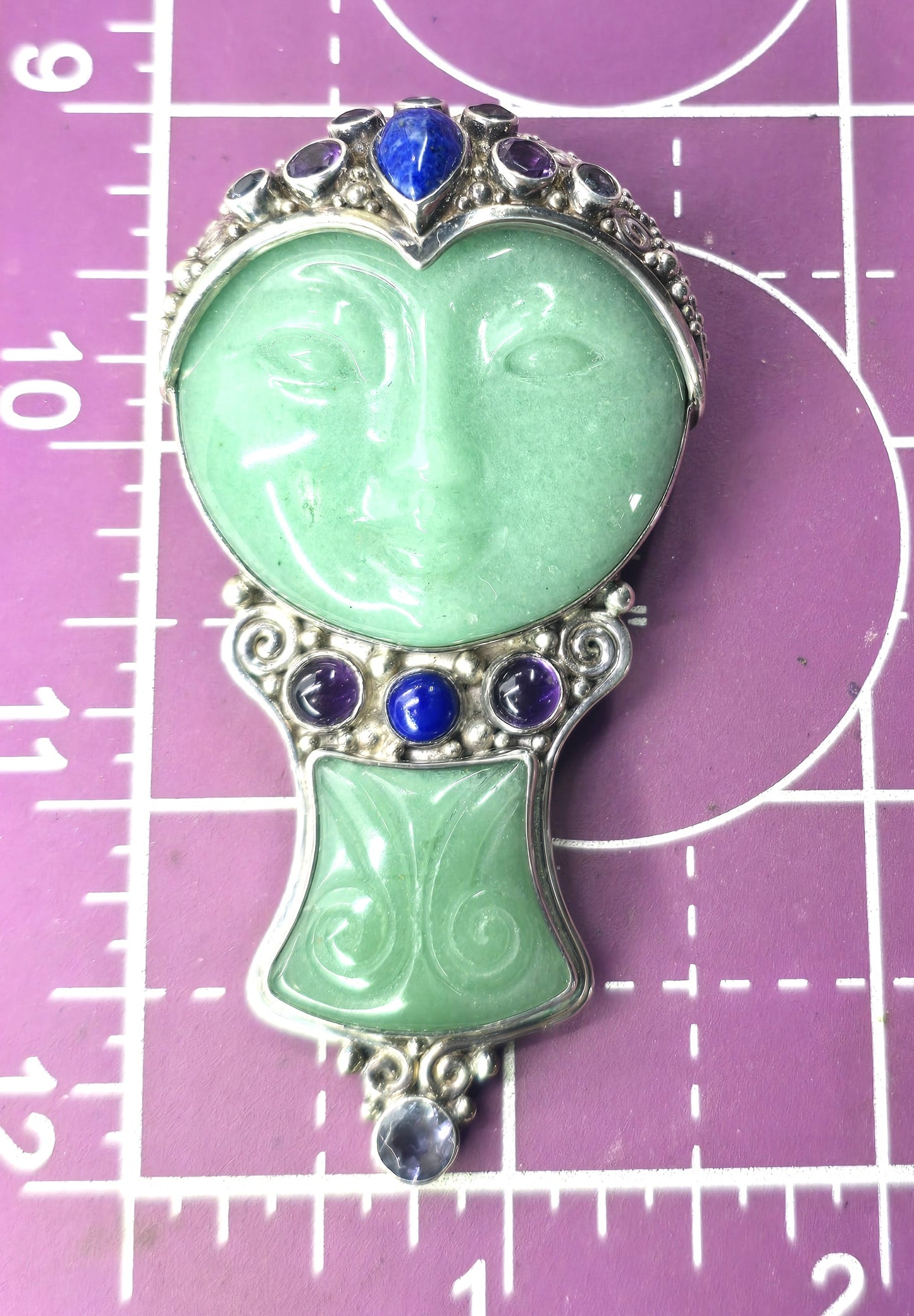 Sajen Green Jadeite Goddess multi gemstone signed pendant brooch