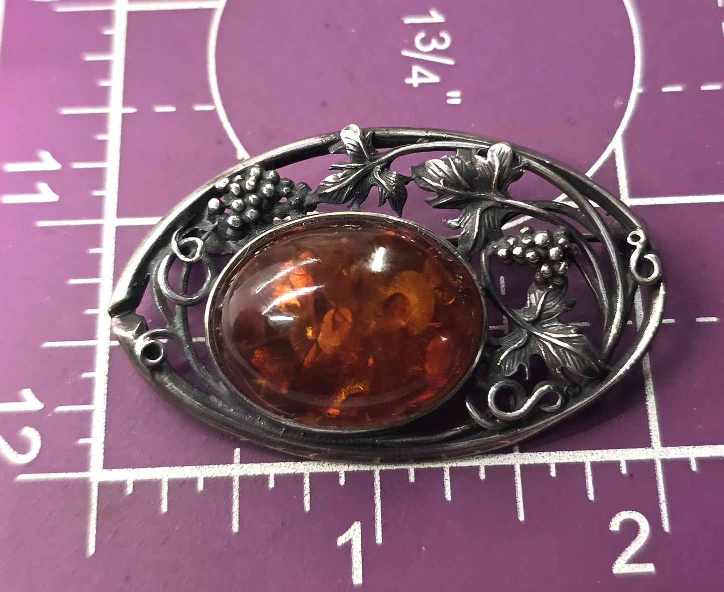 Baltic amber vintage grape leaf large sterling silver brooch