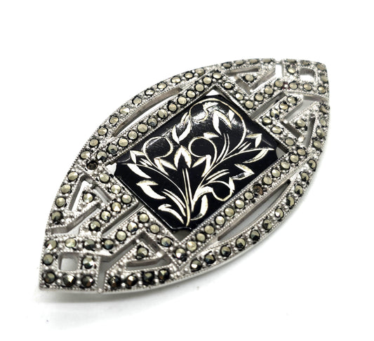 Art Deco Sterling silver & Marcasite Etched Damascene antique pin brooch