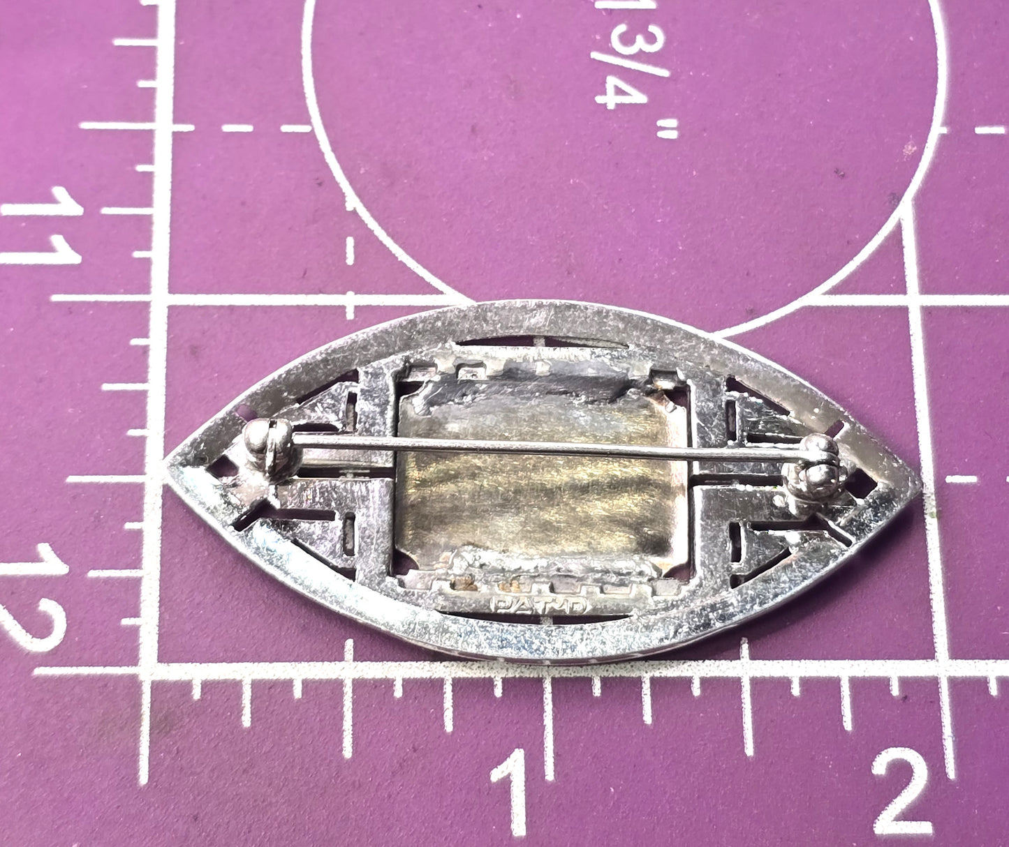 Art Deco Sterling silver & Marcasite Etched Damascene antique pin brooch