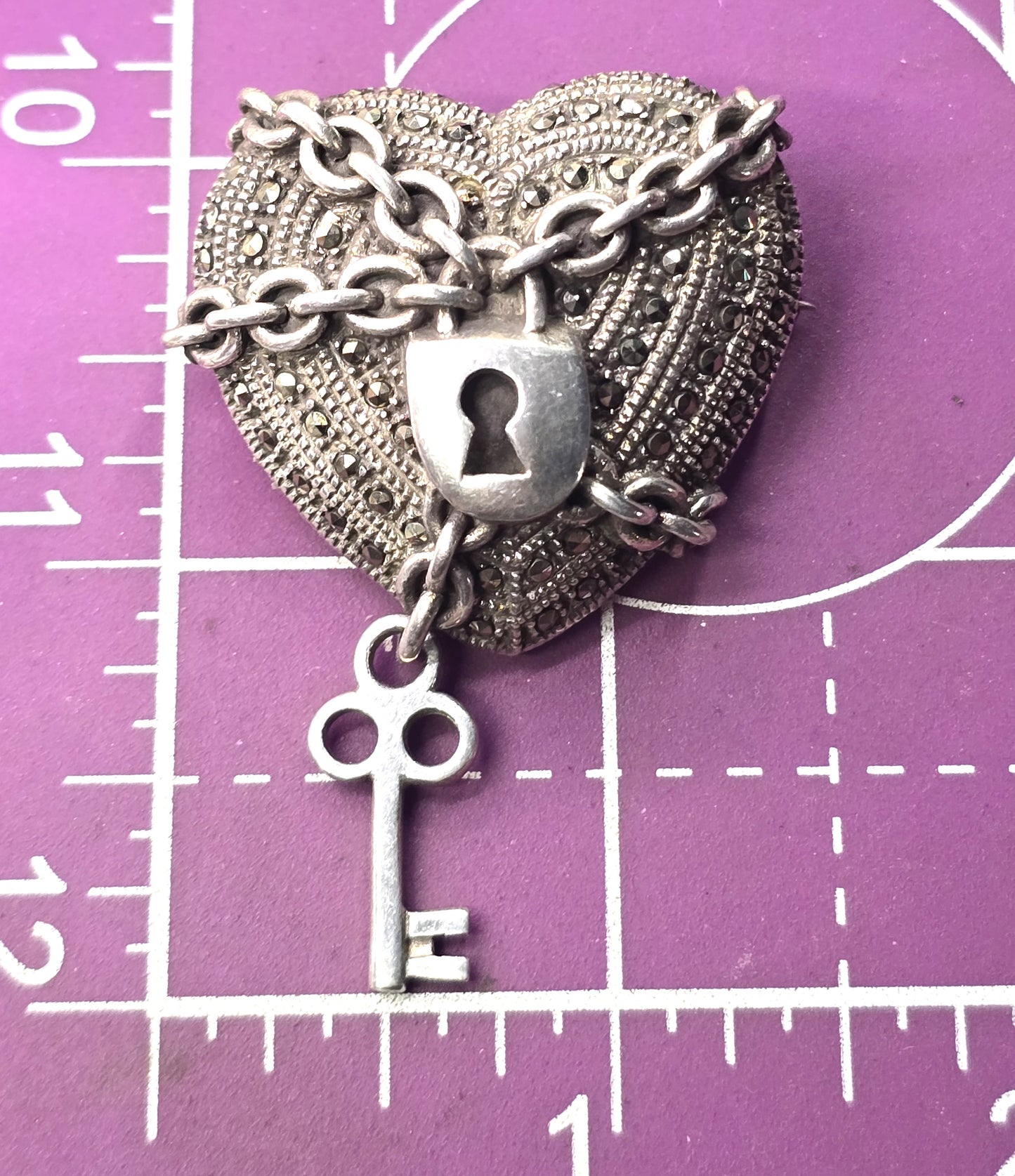 Chained Heart and key vintage sterling silver large brooch