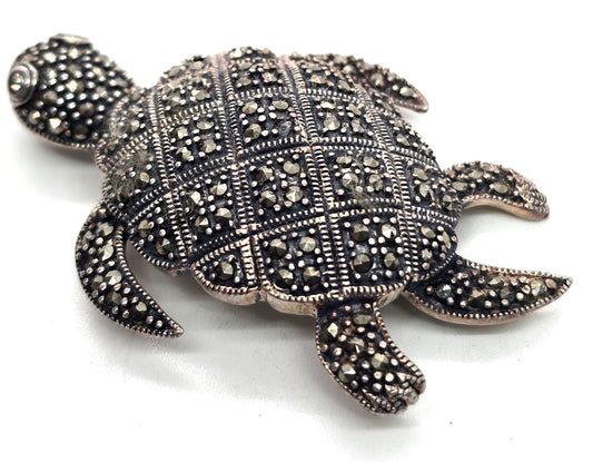 Sea turtle marcasite vintage sterling silver large brooch