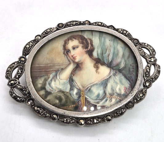 Florelli Paris antique hand painted cameo marcasite sterling brooch