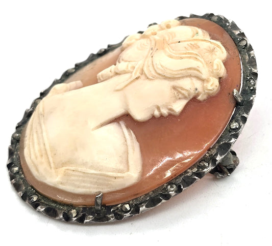 Cameo marcasite carved shell sterling silver vintage pendant brooch 800