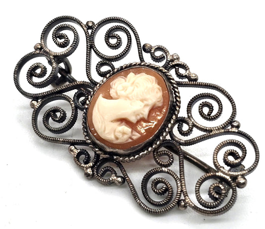 Victorian Cameo carved shell spun sterling silver vintage brooch 800