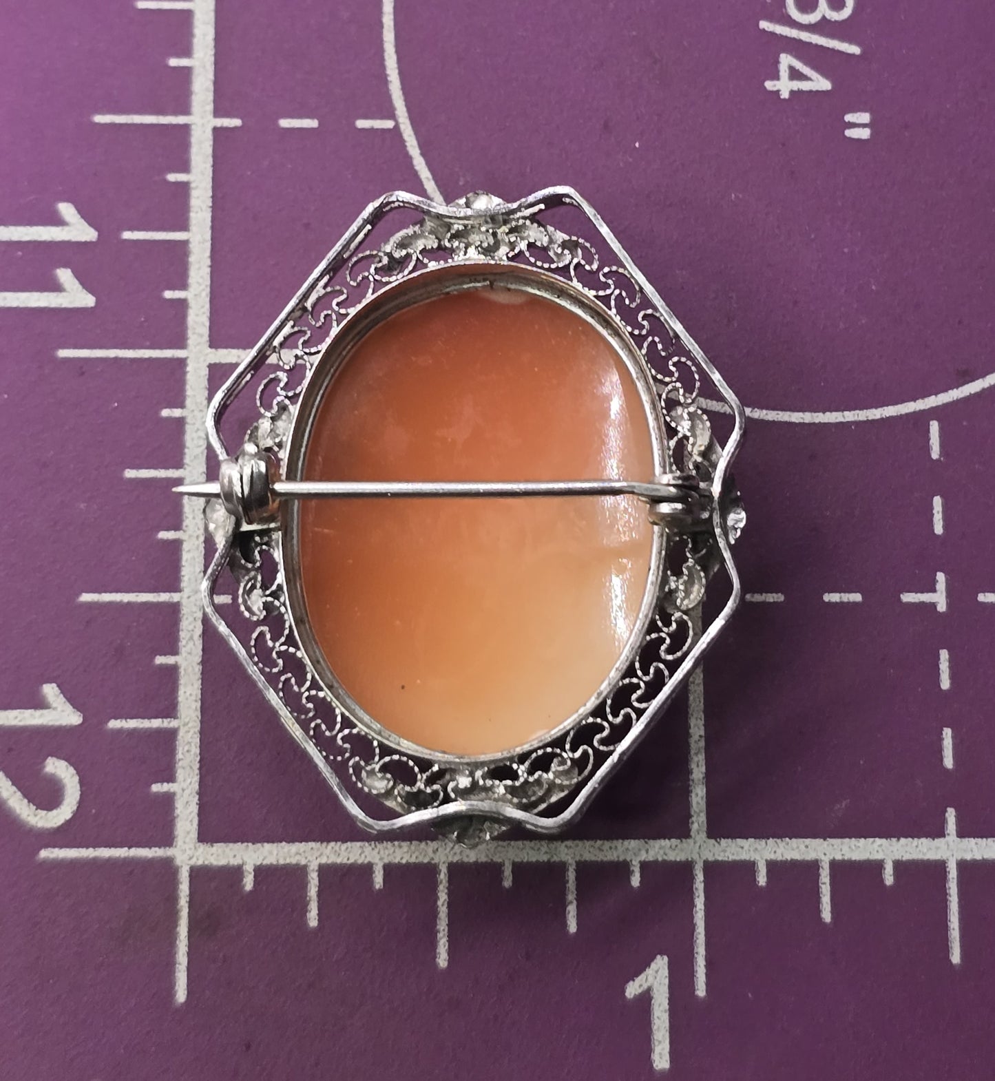 Art Deco Cameo carved shell rhodium plated sterling silver vintage brooch