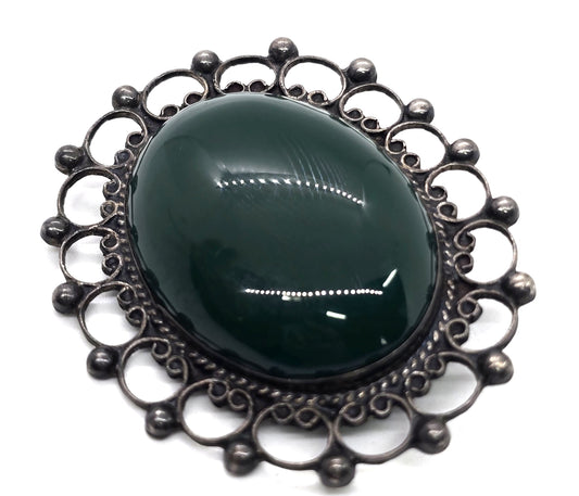 Mexican green onyx Taxco Mexico vintage sterling silver large brooch