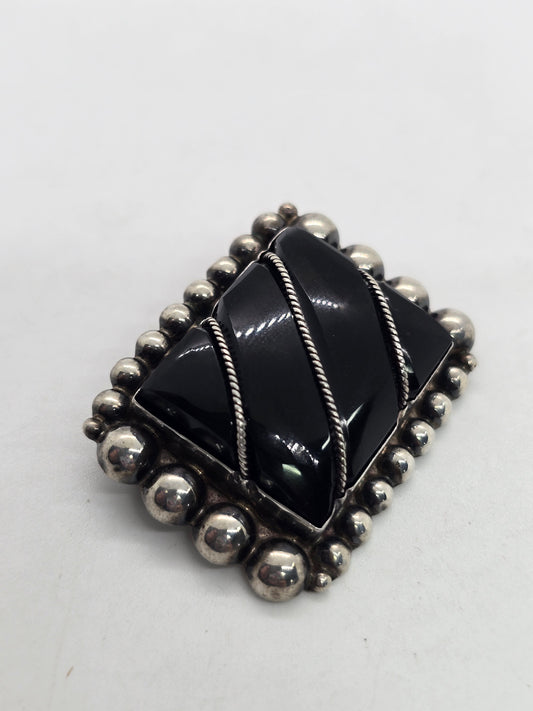 Mexican Black onyx Mexico vintage sterling silver large brooch