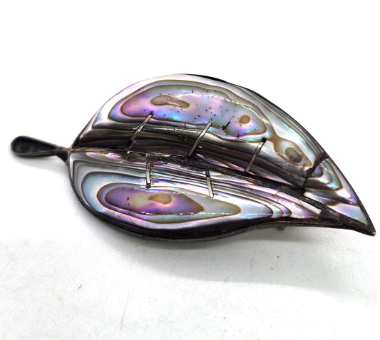 Leaf abalone thick Mexico sterling silver vintage shell brooch