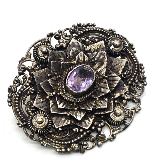 Amethyst purple flower gemstone vintage tribal sterling silver Pin Brooch